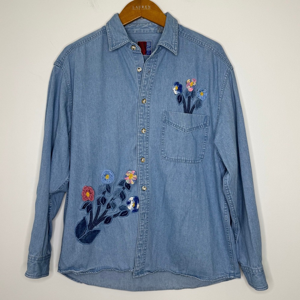 Vintage Sunbelt Denim crocheted floral applique denim shirt Size L